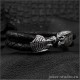 Мужской браслет из черной кожи с серебряными вставками в виде головы хищников Яутжа