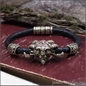 Кожаный плетеный браслет с головой сказочного Фавна и шармами с символом Сварога