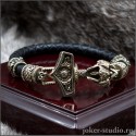 Кожаный браслет "Молот Тора с черепами" мужское украшение из плетенного кожаного шнура и бронзы