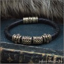 Кожаный плетеный браслет с бусинами Сварога и черепами из бронзы в славянском стиле со Звездой Руси