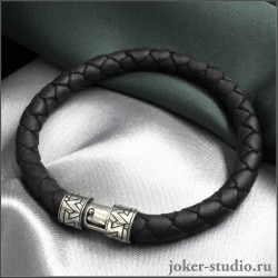 Кожаный плетеный браслет черного цвета с ювелирным замком и знаком бесконечности