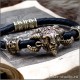 Кожаный браслет с Фавном из бронзы и черепами мужской плетеный браслет