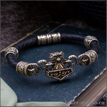 Кожаный браслет Мьёльнир с бусами Сварога из бронзы оригинальное украшение ручной работы