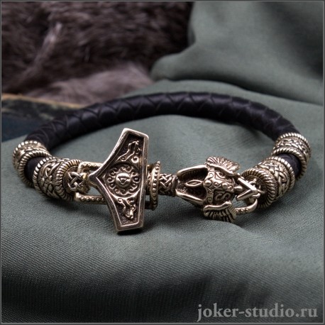 Кожаный браслет Молот Тора с кельтскими шармами из бронзы стильное мужское украшение