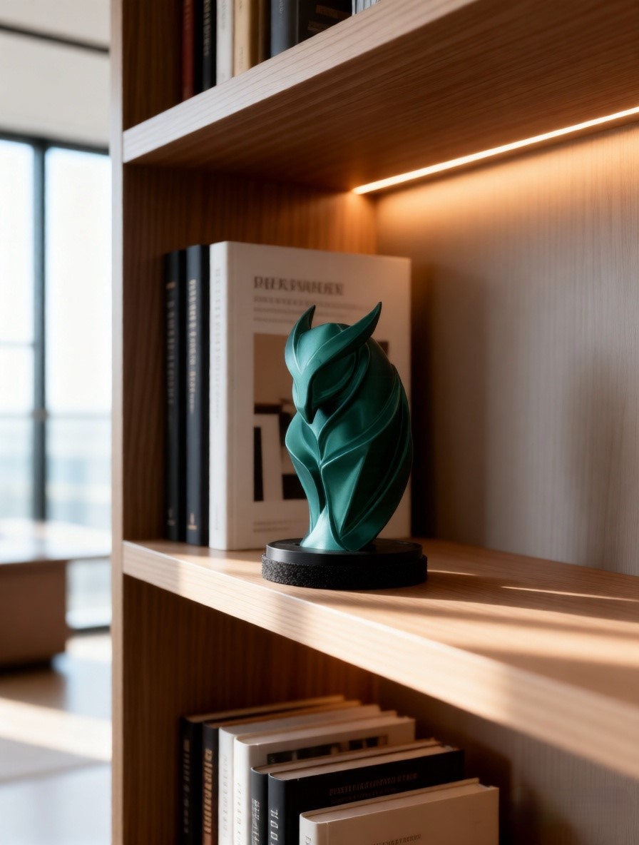 Зеленая сова на книжной полке — стильный декор для домашней библиотеки