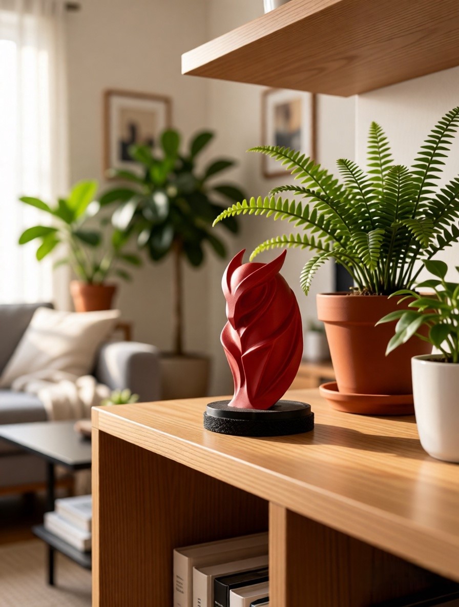 Красные совы от мастерской Joker-Studio хорошо смотрятся рядом с комнатными растениями