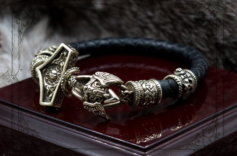 Амулет викинга кожаный браслет Мьёльнир из бронзы Молот Тора