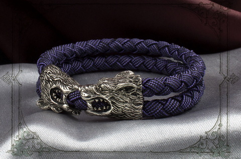 мужской браслет фиолетовый с головами волка