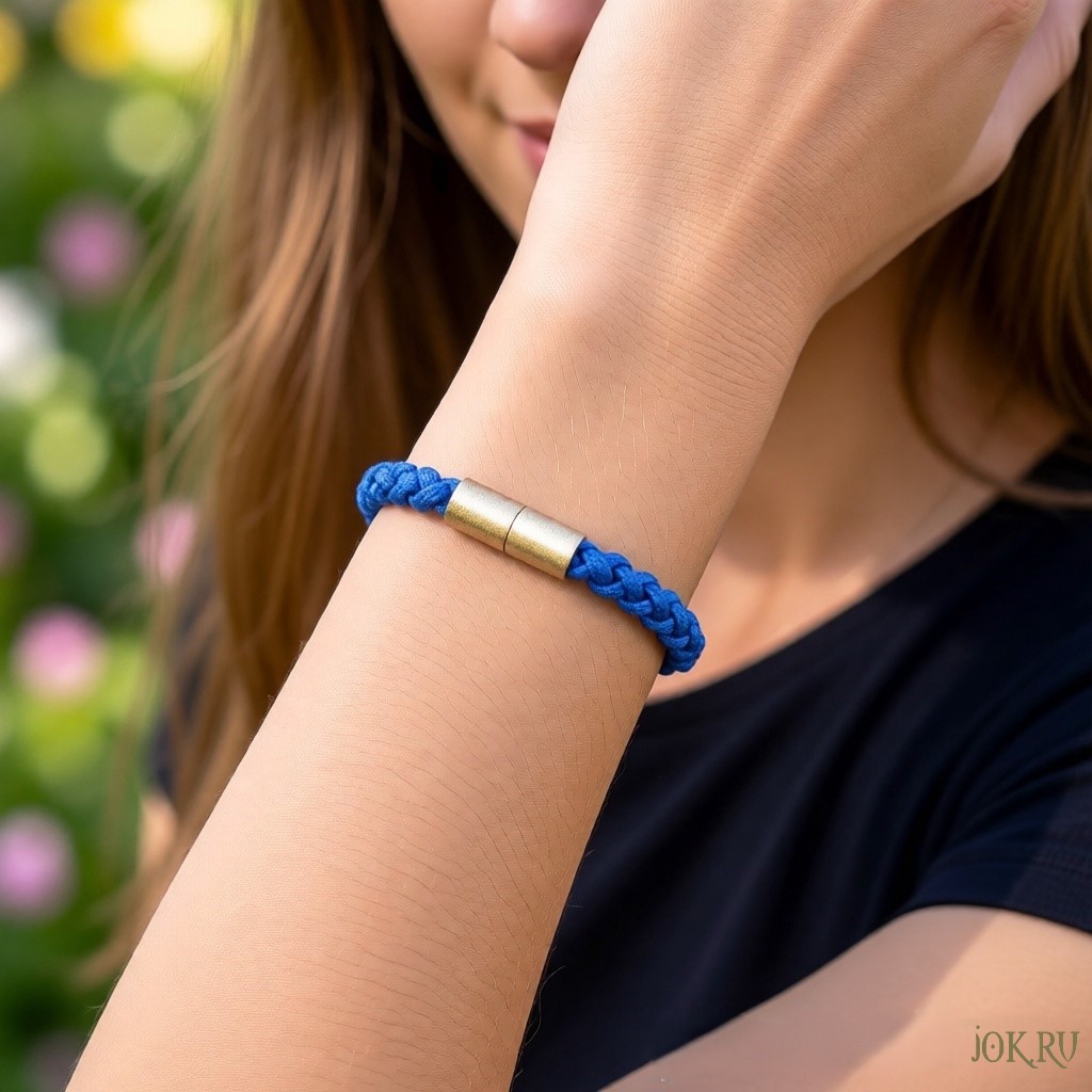Синий женский браслет с золотым магнитным замком – нежное украшение ручной работы от Joker-Studio. Мягкий синий оттенок и блестящий золотой замок создают утонченный образ.