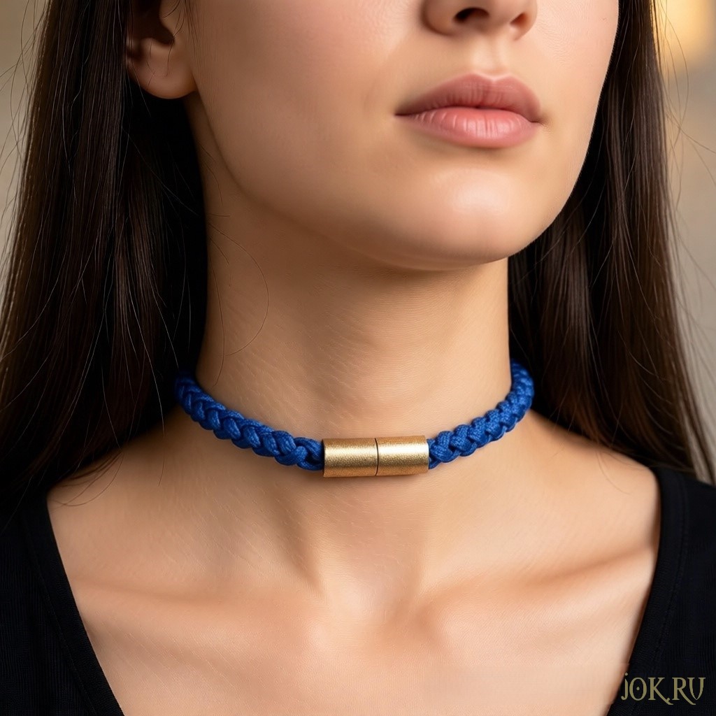 Женский синий чокер с золотым замком – смелый аксессуар ручной работы из коллекции Joker-Studio. Насыщенный синий цвет и элегантный золотой замок подчеркнут ваш уникальный стиль.