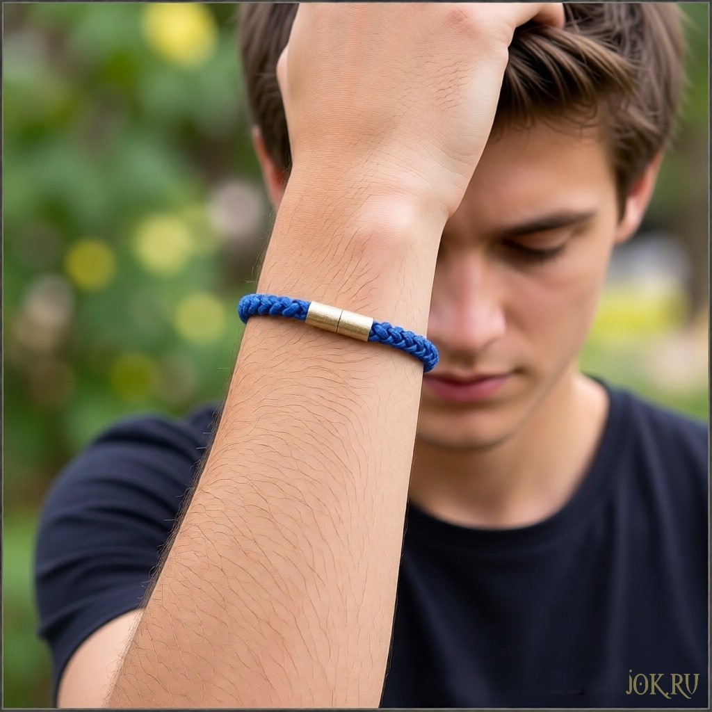 Синий мужской браслет с золотым магнитным замком – элегантное украшение ручной работы из коллекции Joker-Studio. Идеальный аксессуар для стильных мужчин, сочетающий глубокий синий цвет и благородный золотой замок
